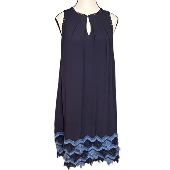 Maeve Anthropologie Size 12 Festivity Swing Dress Navy Blue Fringe Sleeveless - Picture 3 of 11
